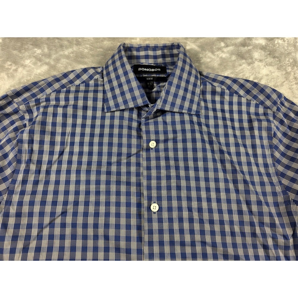 Bonobos Button Up‎ Dress Shirt Mens 15.5-33 Blue Gingham Slim Fit Stretch L/S